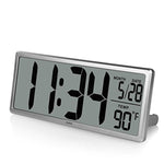 iCKER 13.8” Jumbo LCD Digital Alarm Clock Battery Operated, Large Wall Clock Displays Temperature and Calendar, Desk Clock with Snooze, Battery Backup, Button Cell Battery Included, Silver