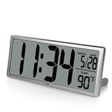 iCKER 13.8” Jumbo LCD Digital Alarm Clock Battery Operated, Large Wall Clock Displays Temperature and Calendar, Desk Clock with Snooze, Battery Backup, Button Cell Battery Included, Silver