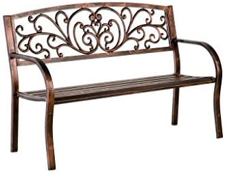 Incbruce Blooming Patio Garden Bench Park Yard Outdoor Furniture, Metal Iron Frame, Elegant Bronze Finish, Sturdy Construction, Scroll Design, Easy to Assemble, 50 L x 17 1/2 W x 34 1/2 H