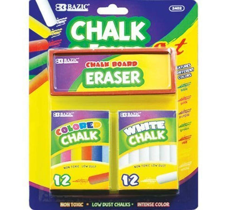 2 Pack - BAZIC 12 Color and 12 White Chalk with Eraser Sets, Assorted by Bazic