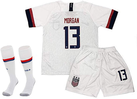 SPPORR Alex Morgan #13 USA National Team Home 2019/2020 Season Kids Youth Sport T-Shirt & Shorts & Socks White/Black