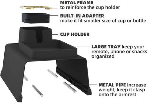 Elimiko Couch Tray, Silicone Anti-Spill and Anti-Slip Recliner Table Tray, Strong and Weighted Remote/ Snacks/ Cellphone/ Earbuds Sofa Arm Cup Holder for Recliner Accessories, Armchair (Black)