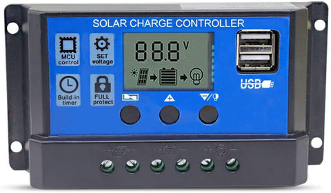 Binen 20A Solar Charge Controller Solar Panel Battery Intelligent Regulator with Dual USB Port 12V/24V PWM Auto Paremeter Adjustable LCD Display