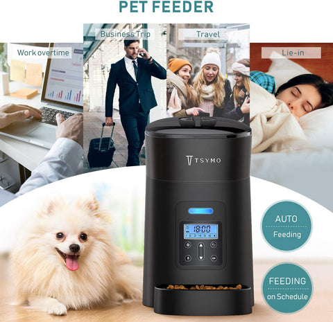 TSYMO Automatic Cat Feeder - 1-6 Meals Auto Dog Food Dispenser with Anti-Clog Design, Timer Programmable, Voice Recording & Portion Control for Small & Medium Pets (4 L Black)
